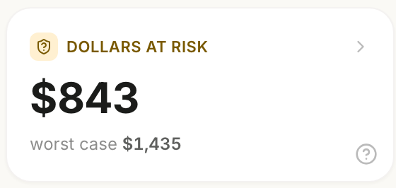 Dollars at Risk dashboard card showing $843, worst case $1,435